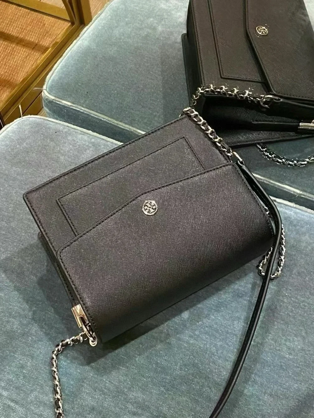 Tory Burch Robinson Convertible Shoulder Bag Black Silver Logo NWT